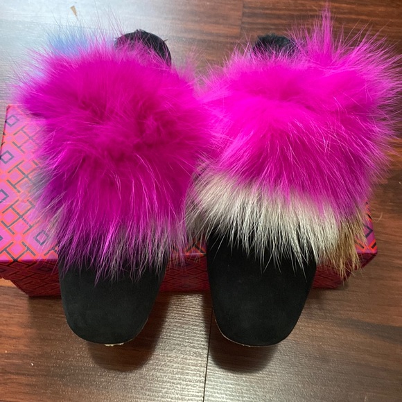 Stuart Weitzman Black Furgetit Women's Slides Suede Multi Color Flats - Picture 1 of 4